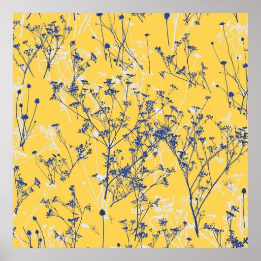 Moderne Abstrakte blaue Wildblumen auf Senf Yellow Poster (Vorne)