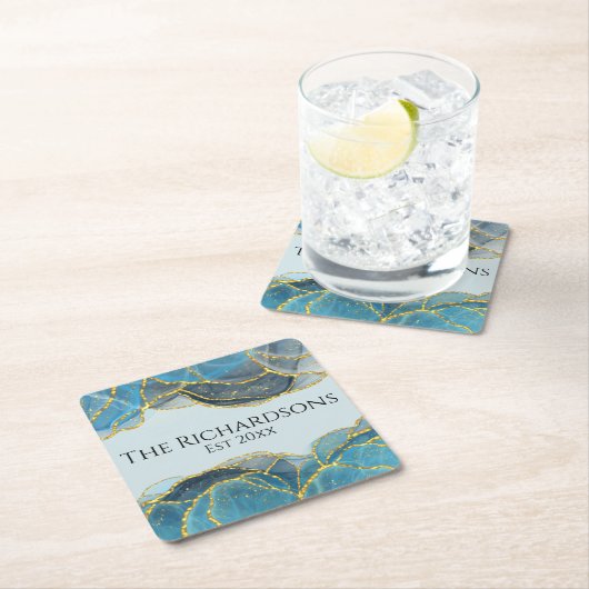 Moderne Abstrakte Blue Gold Agate Stone Textur Rechteckiger Pappuntersetzer (Vor Ort)