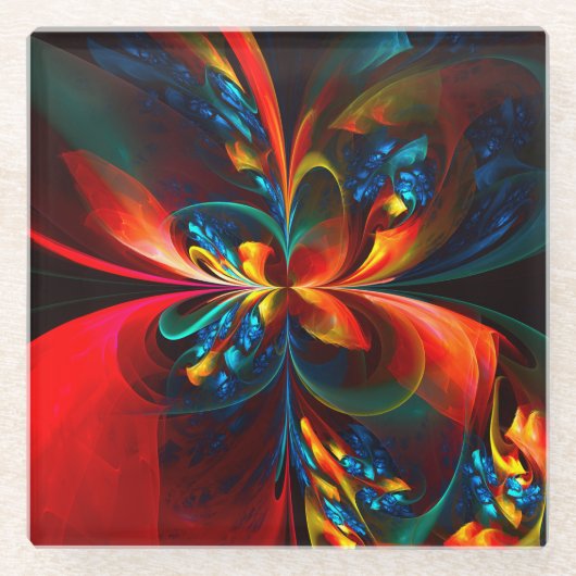 Moderne Abstrakte Blumenkunst Orange Blaues Muster Glasuntersetzer (Vorderseite)