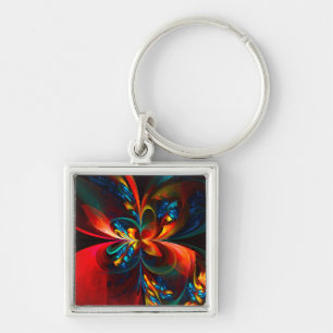 Moderne Abstrakte Blumenkunst Orange Blaues Muster Schlüsselanhänger