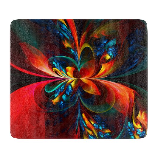 Moderne Abstrakte Blumenkunst Orange Blaues Muster Schneidebrett (Vorderseite)