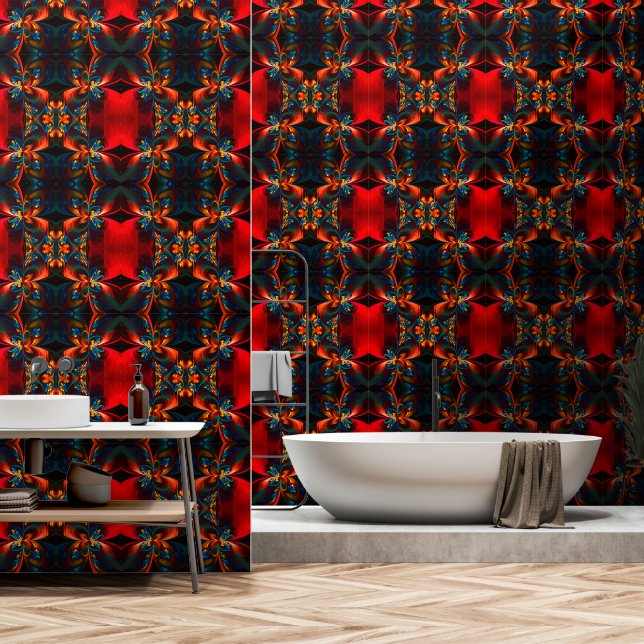 Moderne Abstrakte Blumenkunst Orange Blaues Muster Tapete (Badezimmer)
