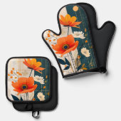 Moderne Abstrakte Blüten in Orange und Schwarz Ofenhandschuh & Topflappen-Set (Vorderseite/Rückseite)