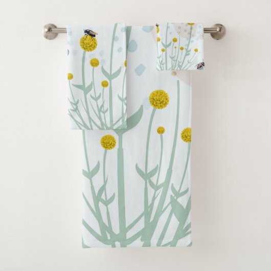 Moderne abstrakte botanische gelbe Billy-Button Badhandtuch Set (Insitu)