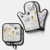 Moderne abstrakte botanische gelbe Billy-Button-Bl Ofenhandschuh & Topflappen-Set (Vorderseite/Rückseite)