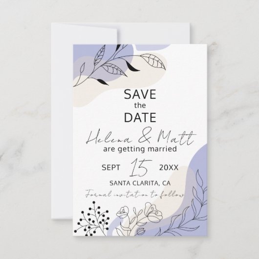 Moderne Abstrakte Botanische Linie Hochzeit Save The Date (Vorderseite)