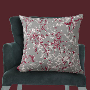 Moderne Abstrakte Elegante Wildblumen Gray Burgund Kissen