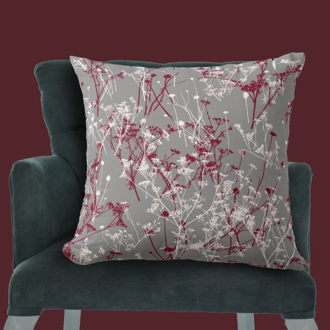 Moderne Abstrakte Elegante Wildblumen Gray Burgund Kissen (Von Creator hochgeladen)