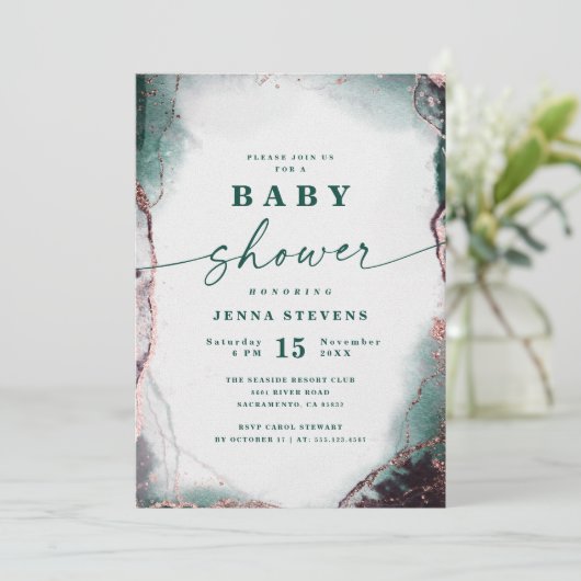 Moderne Abstrakte Emerald Green Baby Dusche Einladung (Stehend Vorderseite)