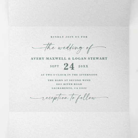 Moderne Abstrakte Eukalyptus Grüne Hochzeit Dreifach Gefaltete Einladung (Innenseite Mitte)