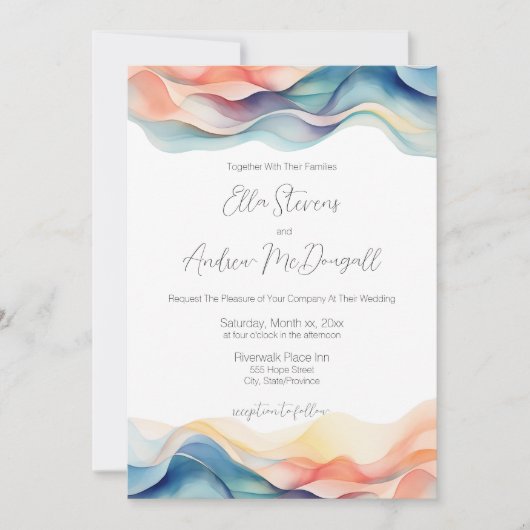 Moderne Abstrakte Farbwelle Blaue Hochzeit Einladung (Vorderseite)