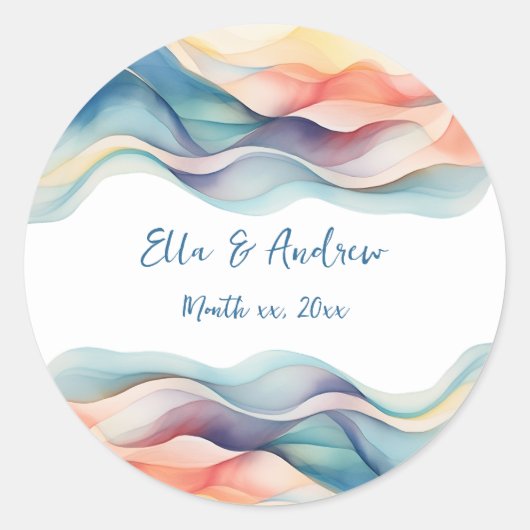 Moderne Abstrakte Farbwelle Blaue Hochzeit Runder Aufkleber (Vorderseite)