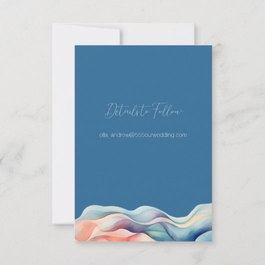 Moderne Abstrakte Farbwelle Blaue Hochzeit Save The Date (Rückseite)