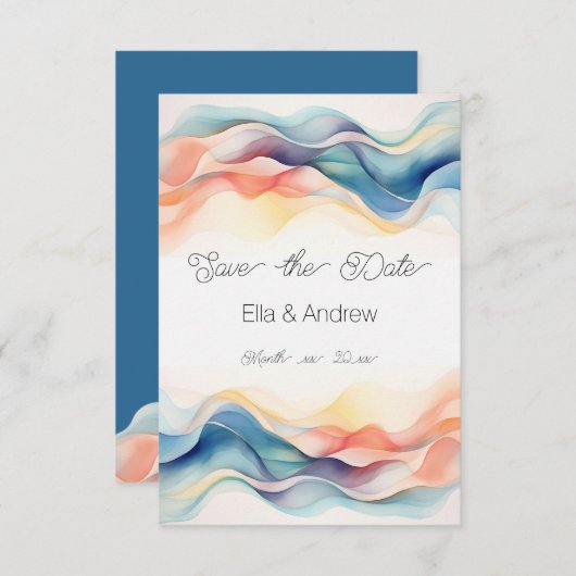 Moderne Abstrakte Farbwelle Blaue Hochzeit Save The Date (Vorne/Hinten)