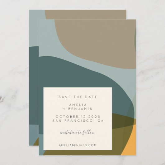 Moderne Abstrakte Formen Aquamarin Taupe Save The Date (Vorne/Hinten)