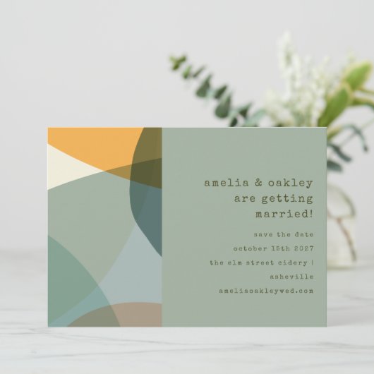 Moderne Abstrakte Formen sorgen für Aquamarine Ein Save The Date (Stehend Vorderseite)