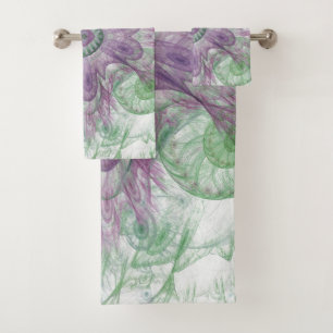 Moderne abstrakte fraktale violette und grüne Gest Badhandtuch Set