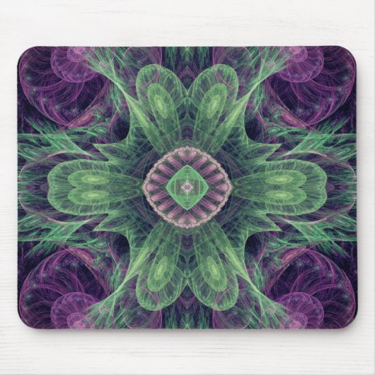 Moderne abstrakte fraktale violette und grüne Gest Mousepad (Vorne)
