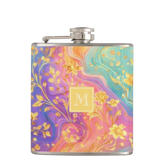 Moderne abstrakte Glitter-Blumen-Monogramm-Design Flachmann (Vorderseite)