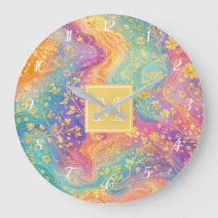 Moderne abstrakte Glitter-Blumen-Monogramm-Design Große Wanduhr