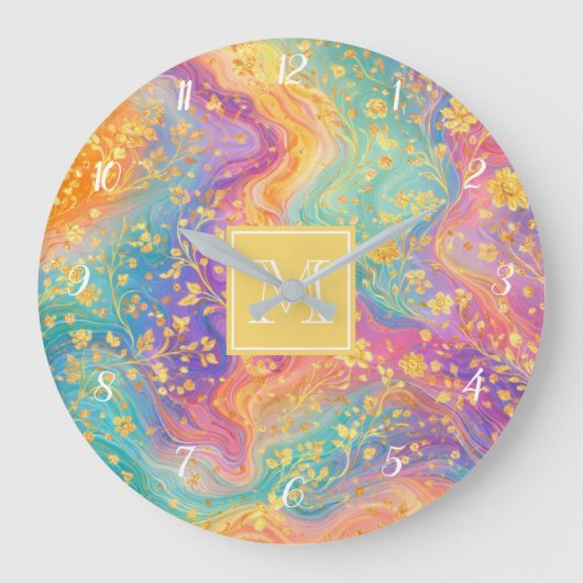 Moderne abstrakte Glitter-Blumen-Monogramm-Design Große Wanduhr (Vorderseite)
