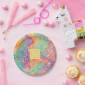 Moderne abstrakte Glitter-Blumen-Monogramm-Design  Pappteller (Party)