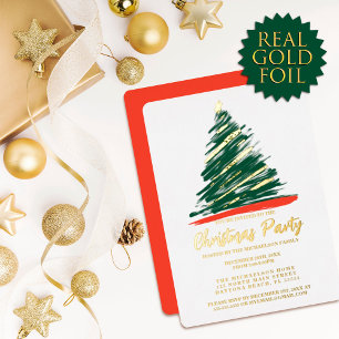 Moderne Abstrakte Gold Rot Grüne Bäume Weihnachten Folieneinladung