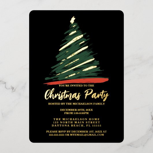Moderne Abstrakte Gold Rot Grüne Bäume Weihnachten Folieneinladung (Vorderseite)