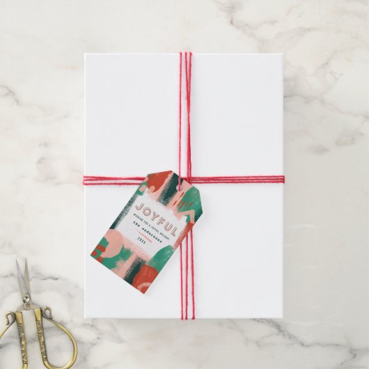 Moderne abstrakte Grafik Rot, Rosa + Grün fröhlich Geschenkanhänger (Mit Garn)