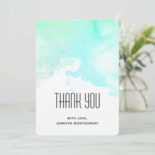 Moderne Abstrakte Green & Blue Watercolor-Wirbel Dankeskarte (Stehend Vorderseite)