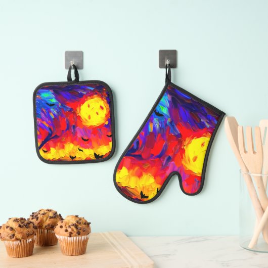 Moderne Abstrakte Halloween-Nacht Ofenhandschuh & Topflappen-Set (Insitu (Hängend))