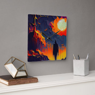 Moderne Abstrakte Halloween-Nacht Quadratische Wanduhr
