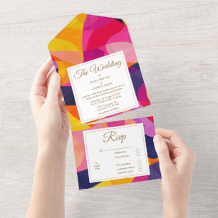 Moderne abstrakte heiße pinke und orange Hochzeit All In One Einladung