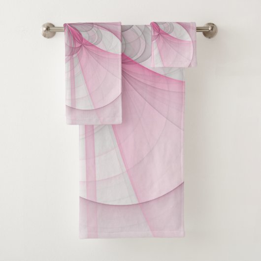 Moderne abstrakte hellrosa graue Fraktal-Design Badhandtuch Set (Insitu)