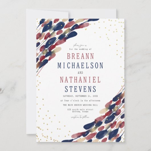 Moderne Abstrakte Hochzeit der Marine Burgundy Con Einladung (Vorderseite)