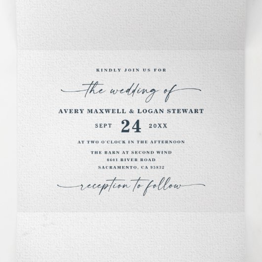 Moderne Abstrakte Hochzeit der Navy-Rose Dreifach Gefaltete Einladung (Innenseite Mitte)