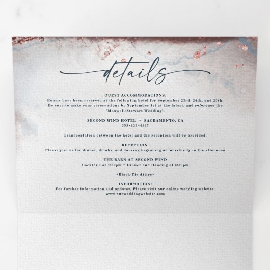 Moderne Abstrakte Hochzeit der Navy-Rose Dreifach Gefaltete Einladung (Innen Erste Seite)