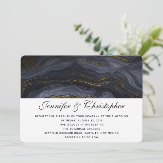 Moderne Abstrakte Hochzeit in Gold, Blau-Grau Einladung (Stehend Vorderseite)