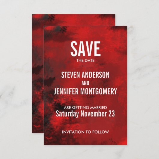 Moderne Abstrakte Hochzeit in Schwarz und Rot Save The Date (Vorne/Hinten)