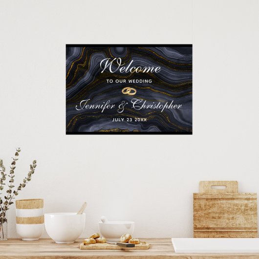 Moderne Abstrakte Hochzeit mit Black & Gold Agate Poster (Küche)