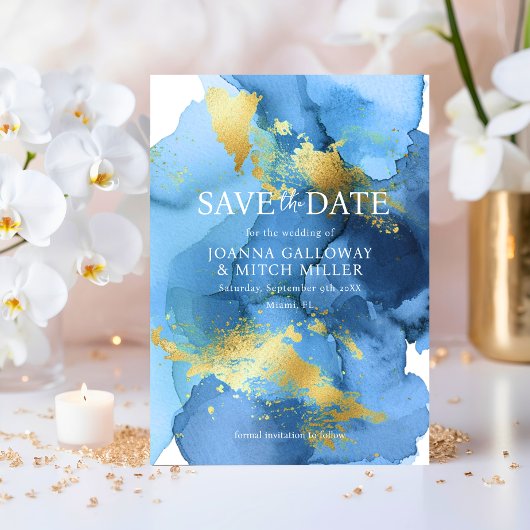 Moderne Abstrakte Hochzeit mit blauem Gold Save The Date