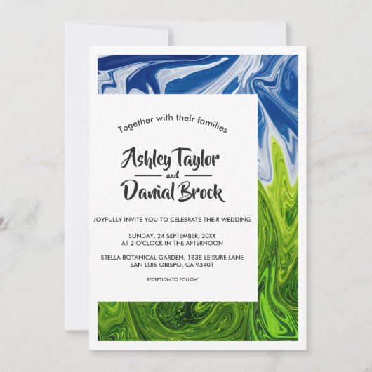 Moderne Abstrakte Hochzeit mit minimalem Grün Einladung (Vorderseite)