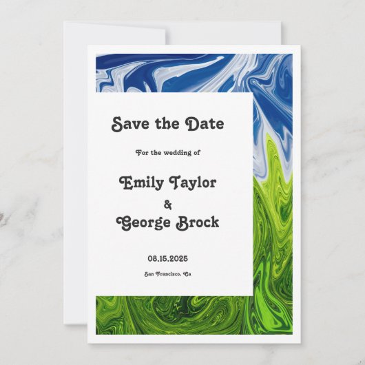 Moderne Abstrakte Hochzeit mit minimalem Grün Save The Date (Vorderseite)