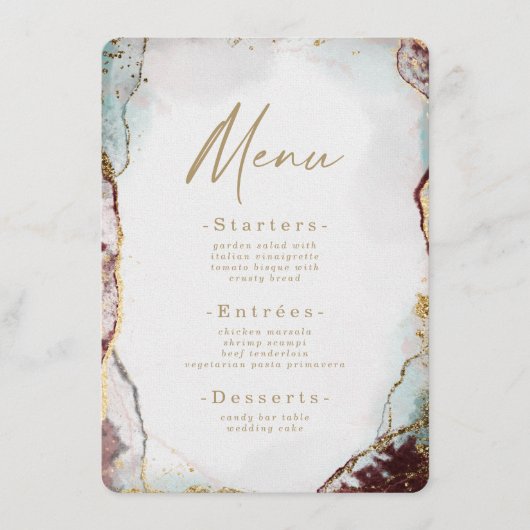 Moderne Abstrakte Hochzeit mit Rot und Gold Menükarte (Vorderseite)