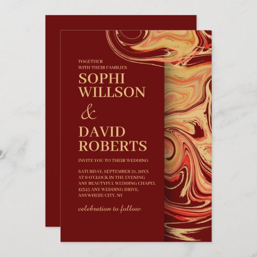 Moderne abstrakte Hochzeitseinladung in Rot und Be Einladung (Vorne/Hinten)