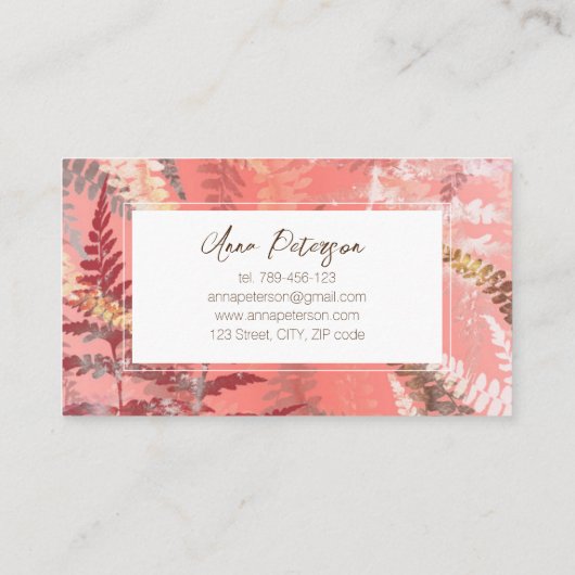 Moderne Abstrakte Korallenblume Pink Fern Foliage Visitenkarte (Rückseite)