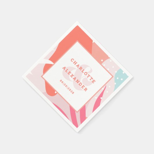 Moderne Abstrakte Korallenhochzeit Datum Braut & B Serviette (Ecke)