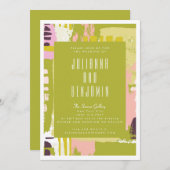 Moderne Abstrakte Kunst lockt Grün und Rosa Hochze Einladung (Vorne/Hinten)