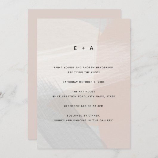Moderne Abstrakte Kunst Pinselstriche Blush Hochze Einladung (Vorne/Hinten)