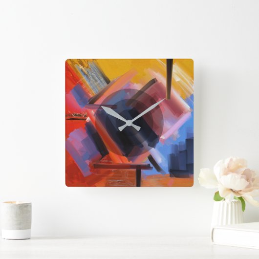 Moderne Abstrakte Kunst Rotes Orange Schwarzes Ros Quadratische Wanduhr (Zuhause)